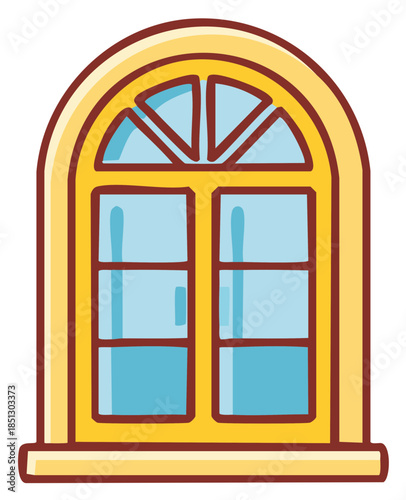 Cartoon arched window with a yellow frame and blue glass panes