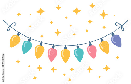 Cute hand drawn colorful light garland with sparkling stars. Festive holiday party decoration vector illustration.