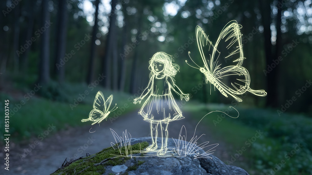 Naklejka premium A glowing child and butterflies create a magical scene in a forest