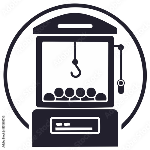 Simple graphic icon of a classic claw crane arcade game machine with prizes and control lever in a circle