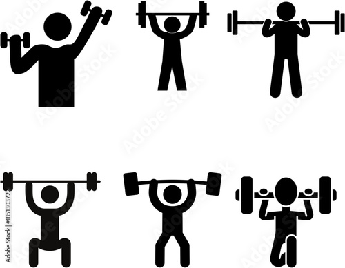 Black stick figures demonstrating various weightlifting exercises with barbells and dumbbells, illustrating strength training and fitness.