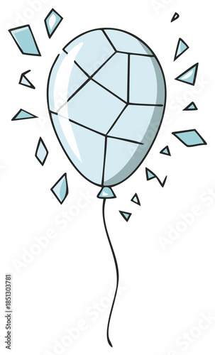 Exploding light blue balloon on a string shatters into pieces cartoon vector