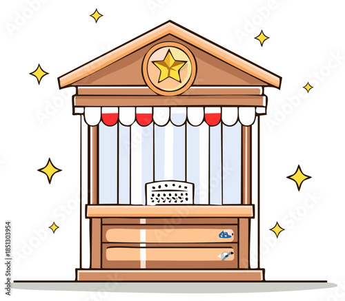 Cartoon wooden market stall with awning and star emblem