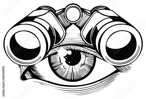 Surreal graphic of an all-seeing eye with binoculars, a bold black and white vector for vision concepts