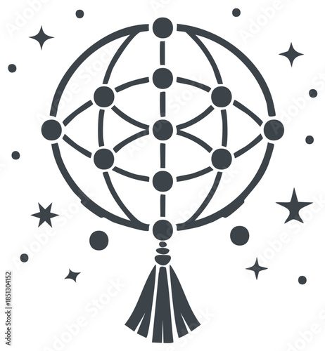 Celestial dream catcher illustration featuring stars and geometric sphere with hanging fringe. Decorative and spiritual art.