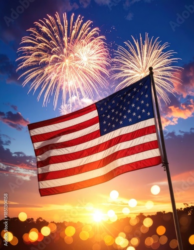 Vibrant fireworks illuminate the sky above the American flag at sunset.