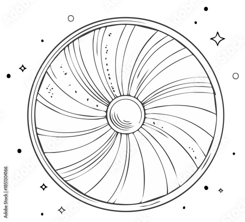 Stylized illustration of a Viking shield with radiating lines and celestial dots