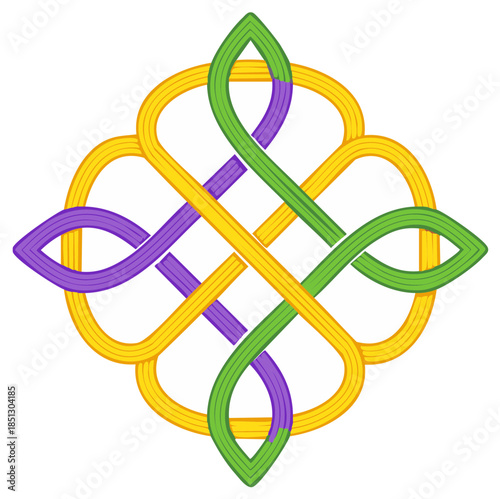 Celtic knot illustration with intricate interwoven gold, green, and purple bands against a clean white backdrop