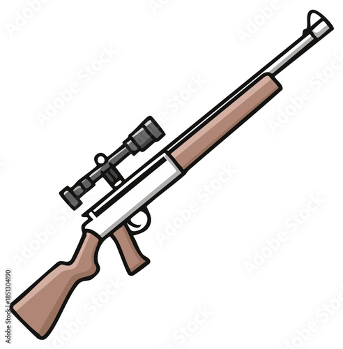 Cartoon illustration of a wooden hunting rifle with a scope for aiming and hunting.