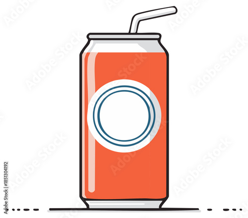 Refreshing Cartoon Style Orange Soda Can with Drinking Straw and Blank Label Graphic