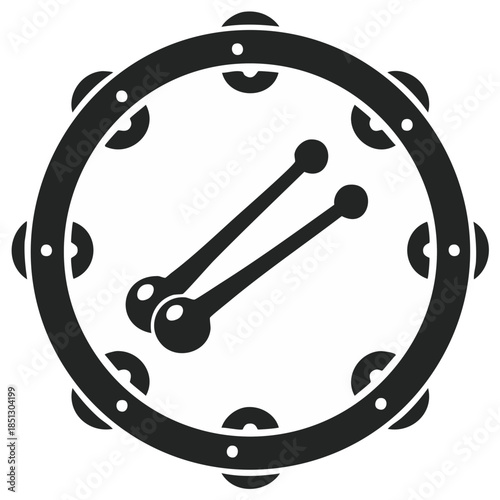 Black Tambourine with Two Drumsticks Icon Silhouette