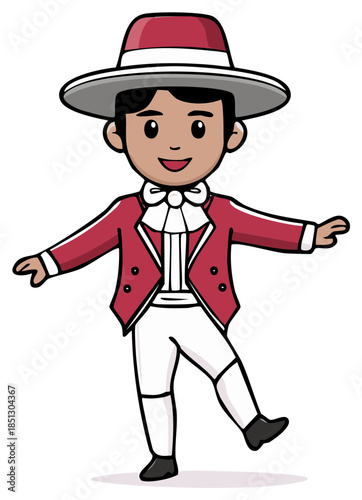 Joyful cartoon character wearing elegant cultural festival attire dancing pose