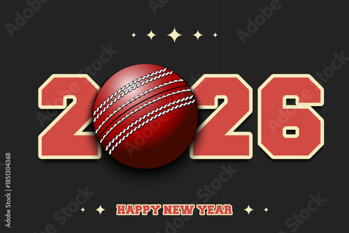 New Year numbers 2026 and cricket ball on an isolated background. Creative design pattern for greeting card, banner, poster, flyer, party invitation, calendar. Vector illustration