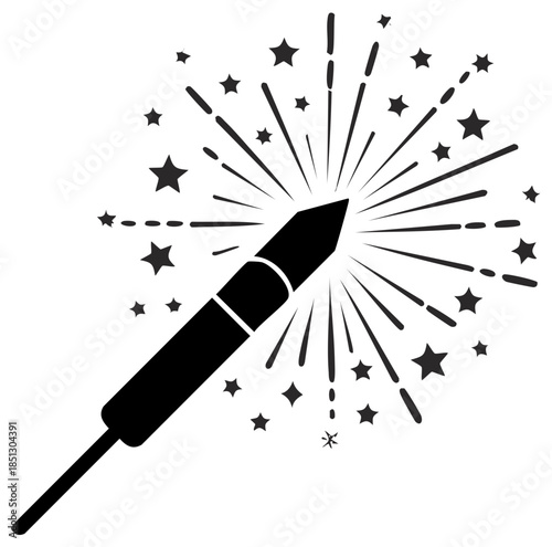 Stylized Firecracker Icon Exploding with Stars and Fireworks Celebration Black and White Vector