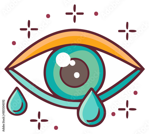 Colorful cartoon eye with teardrops and sparkles, modern illustration style