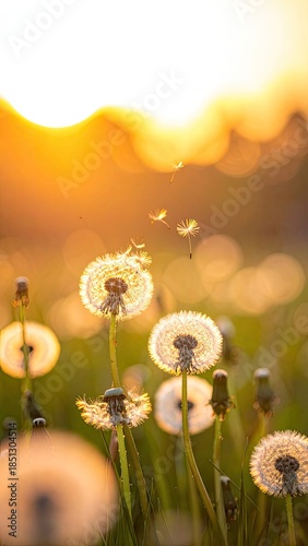 Dandelion seed heads backlit by a warm, golden sunset.