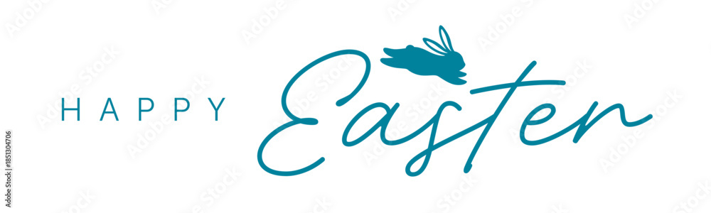 Obraz premium Happy Easter horizontal banner with calligraphy lettering and bunny silhouette, teal vector header