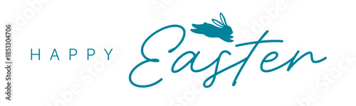 Happy Easter horizontal banner with calligraphy lettering and bunny silhouette, teal vector header