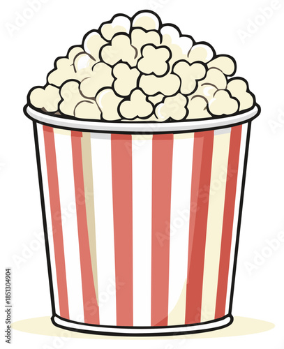 Full Bucket of Popcorn with Red and White Stripes Cartoon Style