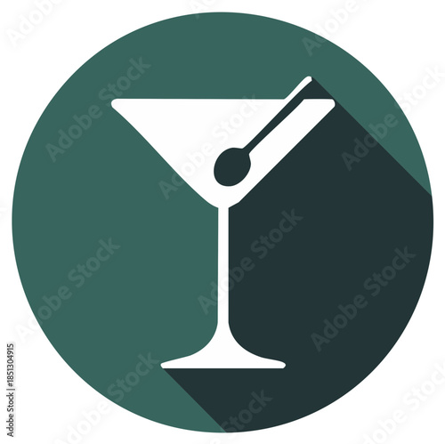 Modern minimalist icon of a martini glass with olive and a long shadow on a circular background