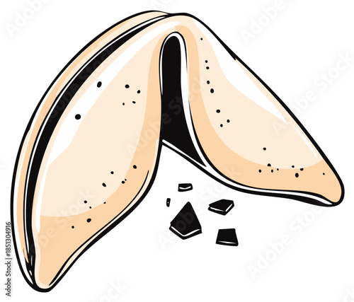 Classic Chinese fortune cookie with crumbs in a simple vector art style illustration