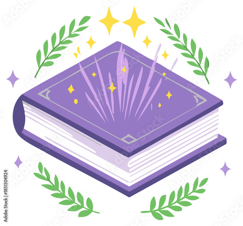 Whimsical purple magic book sparkling with mystical energy framed by green leaves and stars