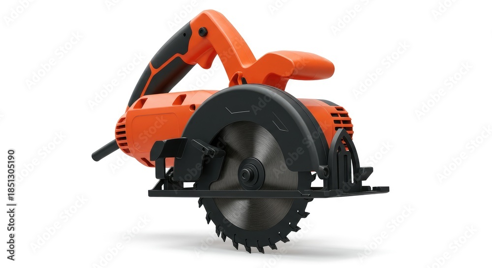 Fototapeta premium Orange and Black Circular Saw on White Background, Sharp Blade, Power Tool