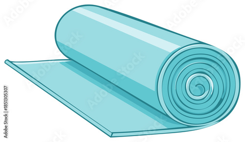 Illustration of a Rolled Aqua Yoga Mat Unfurling for Exercise or Meditation on a White Background