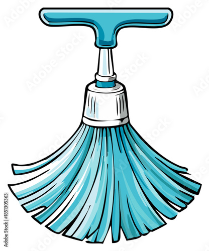 Cartoon illustration of a blue and white floor duster for cleaning surfaces and removing dust and dirt