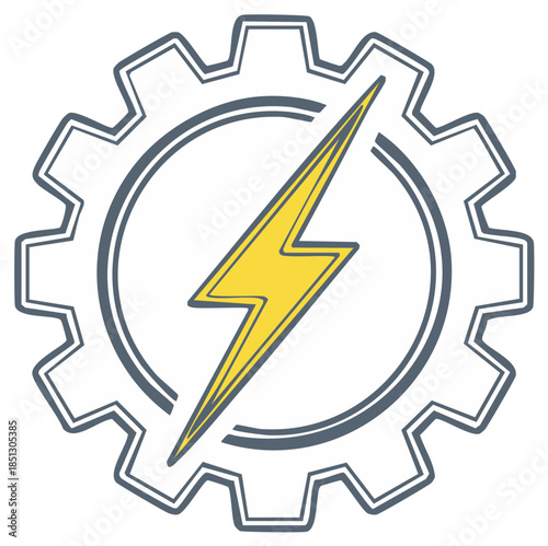 Industrial gear icon with yellow lightning bolt symbolizing power, engineering, and technological innovation