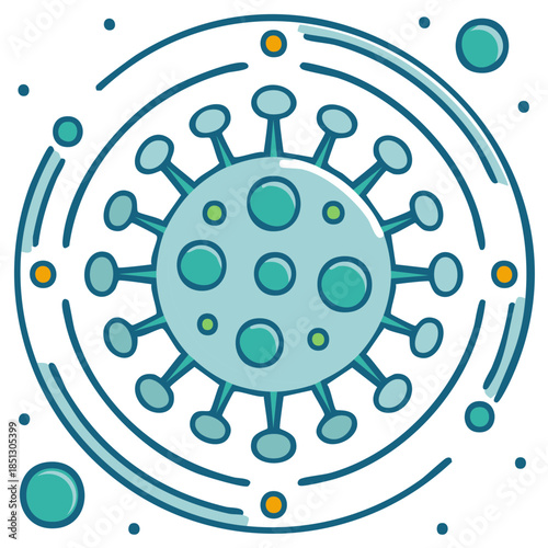 Stylized Light Blue Viral Microbe Floating with Circular Design Element