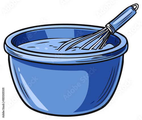 Blue mixing bowl with a whisk inside containing liquid for baking cooking illustration