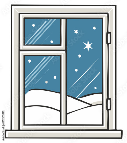 Cozy winter scene viewed through a frosty window pane with falling snow and starry night sky