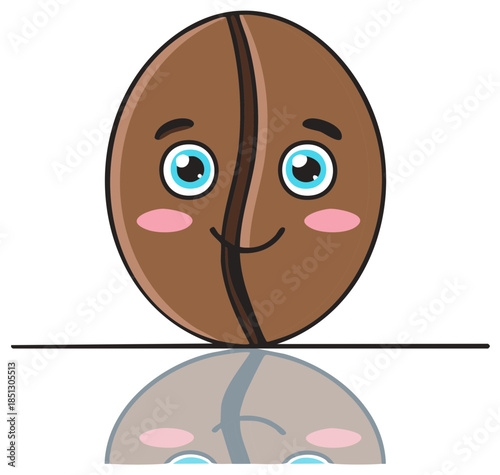Smiling kawaii coffee bean illustration with big blue eyes and pink cheeks reflecting on a shiny surface