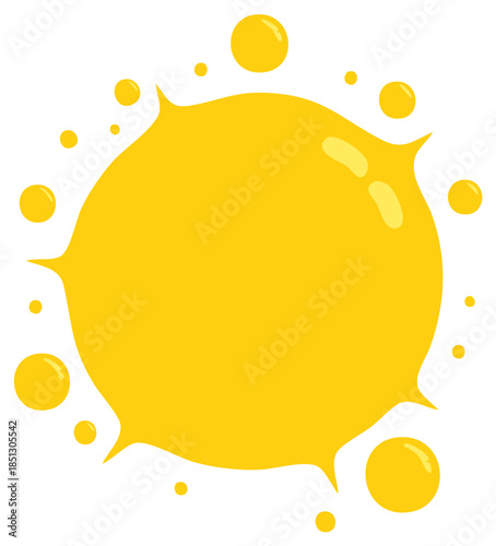 Bright yellow liquid splash with shiny drops. Cartoon vector illustration of a paint or juice splat.
