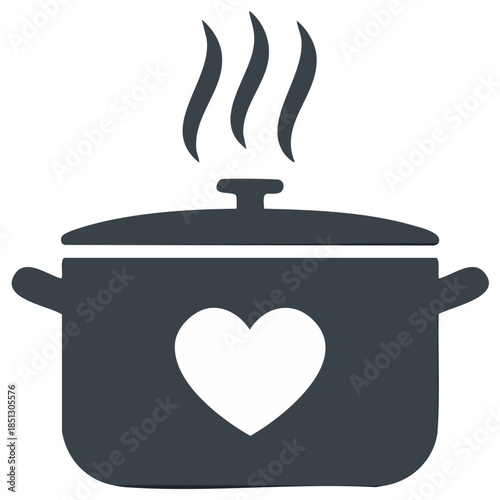 Pot with a Heart Emblem and Vapor Emanating Symbolizing Comfort Food or a Loving Home Kitchen