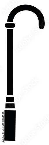 Classic Black Walking Cane Silhouette with Curved Handle and Decorative Bands