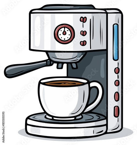 Illustration of an espresso machine with a full cup of fresh, dark coffee, in a cartoon style, white background