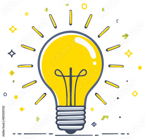 Bright yellow light bulb shining with rays of light symbolizing a creative idea and innovation