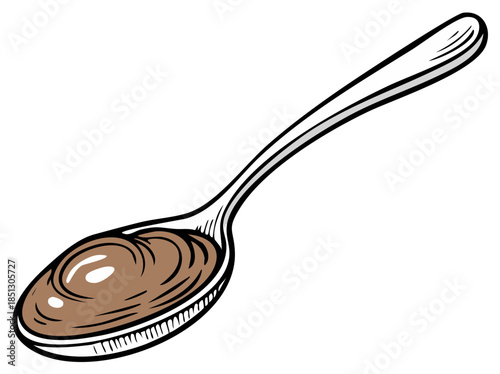 Hand-drawn spoon filled with creamy chocolate spread, isolated on white