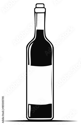 Black and white illustration of a sealed wine bottle with partial fill