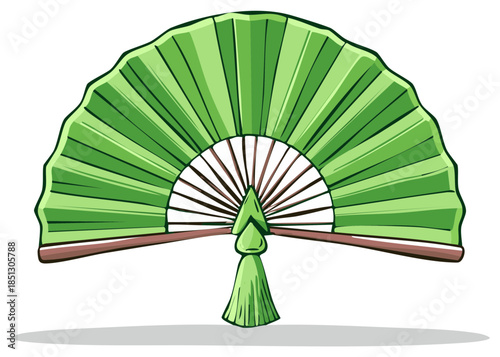 Elegant green folding hand fan with decorative tassel. Traditional Asian accessory vector illustration.
