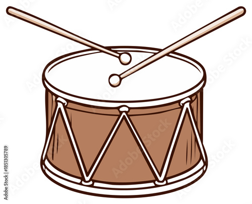 Cartoon drum with sticks overhead, musical instrument drawing, isolated graphic element.