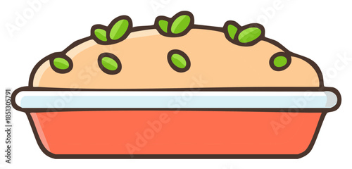 Baked dish with green garnish illustration in a rectangular pot, offering a vibrant, food-themed design, recipe element, and culinary concept.