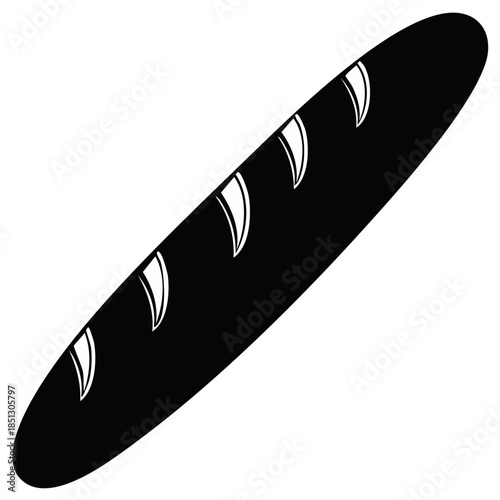 Black and white graphic illustration of long baguette loaf with diagonal scoring, simple design