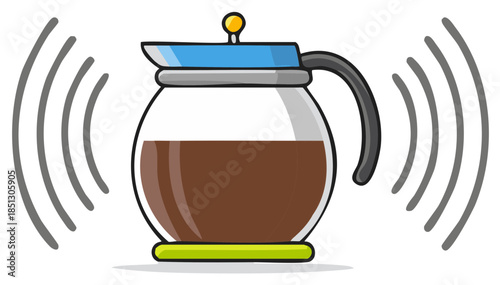 Freshly brewed coffee in a vibrating glass carafe cartoon illustration for a morning wake up call
