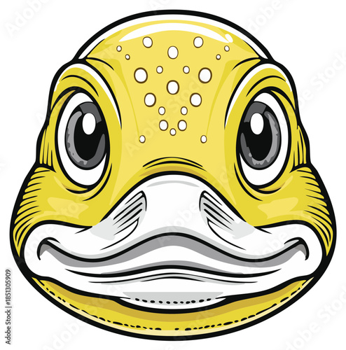 Cartoon duck face with big eyes and a yellow and white design