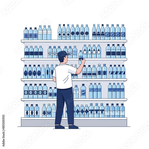 Customer selecting bottled water from a well-stocked supermarket shelf for a healthy beverage choice