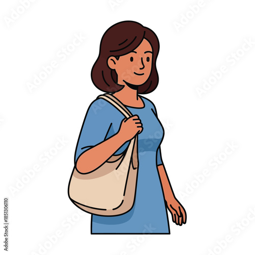 Woman carrying a tote bag, illustration of a person with a shoulder bag