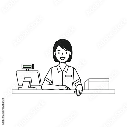 Smiling Female Cashier Behind Counter, Ready to Assist Customers with a Positive Attitude